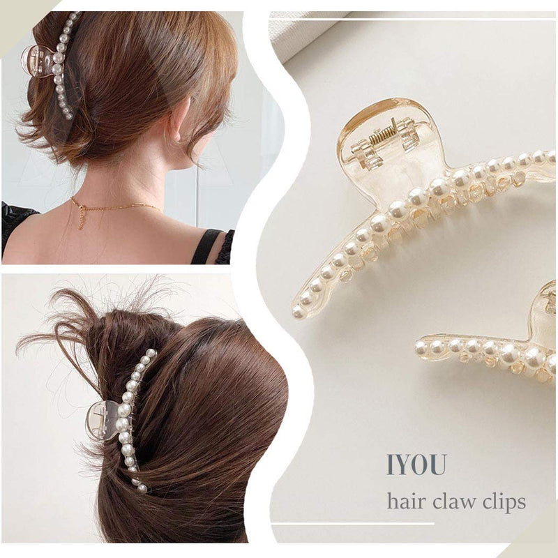 IYOU French Pearl Hair Claw White Large Plastic Banana Clips Hair Claw Clips Thick Nonslip Outdoor Hair Jaw Clips for Women and Girls(3Pcs) - BeesActive Australia