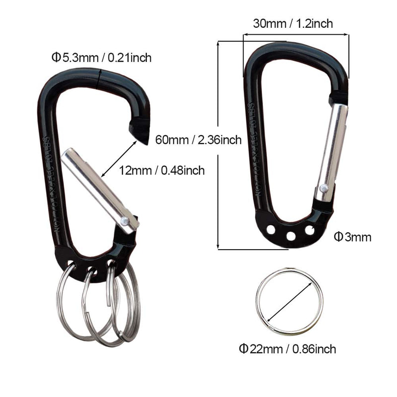 VictorsHome Carabiner Clip Keychain Aluminum Alloy D Shape Multifunction Clip Hook with 3 Key Rings 6 Pack Black - BeesActive Australia