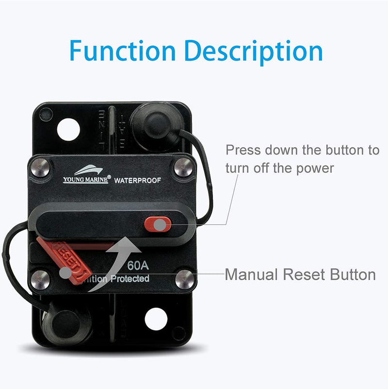 [AUSTRALIA] - YOUNG MARINE Circuit Breaker for Boat Trolling with Manual Reset,Water Proof,12V- 48V DC Surface Mount-60A 