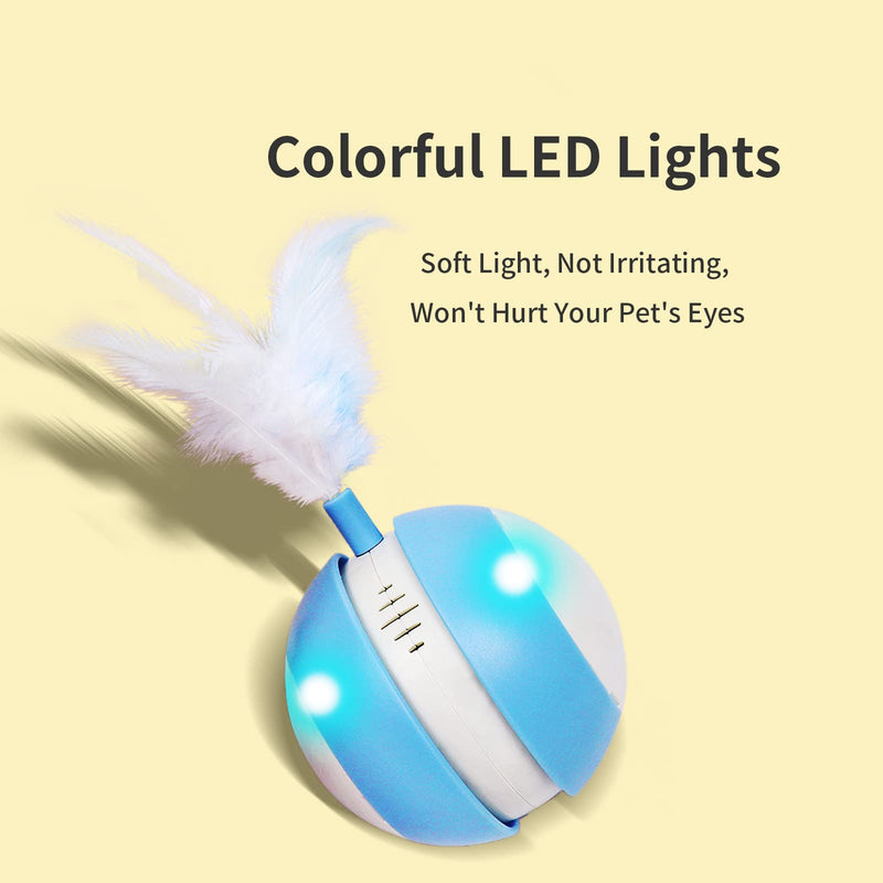 PAKEWAY Interactive Cat Ball Toy with Bird Sound & LED Light, Automatic Irregular 360°Rolling Cat Toy with USB Charging and 2PCS Feathers, Smart Moving Cat Toy Smart Gift for Indoor Kitten Blue - BeesActive Australia