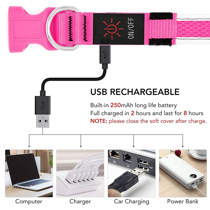 YFbrite Light up Dog Collar, Rechargeable LED Dog Collar, Adjustable Cat Collar Light Safety Glowing at Night for Puppy, Small, Medium, Large Dogs Pink - BeesActive Australia