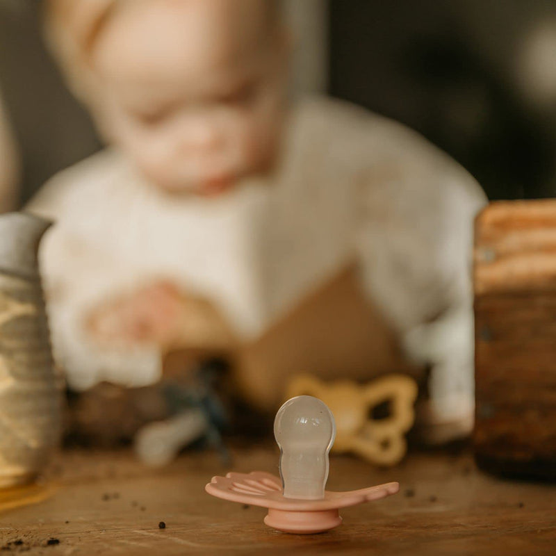 FRIGG Lucky Symmetrical SilkySoft Silicone Baby Pacifier | Made in Denmark | BPA-Free (Pretty in Peach/Primrose, 6-18 Months) Pretty in Peach/Primrose - BeesActive Australia