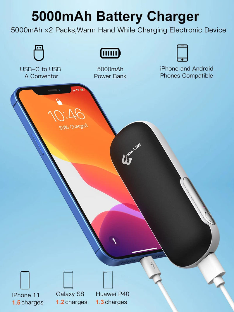 Hand Warmers Rechargeable 2 Pack, 5000mAh Rechargeable Electric Hand Warmer,Portable Reusable USB Heater/Power Bank,Pocket Body Warmer for Outdoor Sports, Hunting,Camping,Winter Gifts for Women Men Black - BeesActive Australia