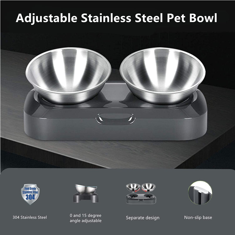PewinGo Cat Bowl with Stainless Steel, Non-Slip Silicone Mat Cat Feeder with 0 &15° Tilting Neck Protective Bowl for Pets, Cats and Puppies Food and Water Feeding Double Bowl - BeesActive Australia