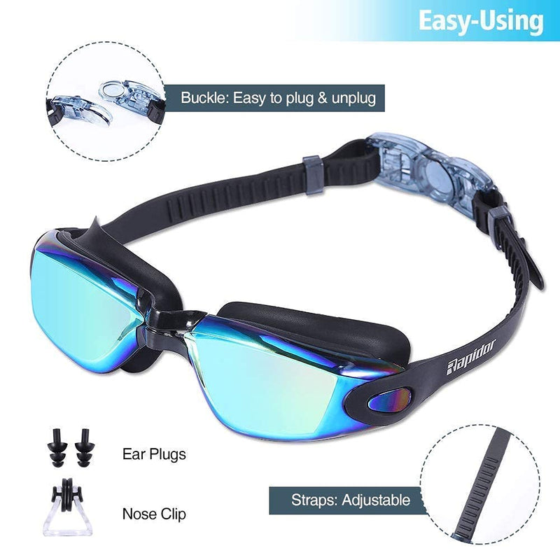 Rapidor Swimming Goggles, Men Women Teens, Mirrored and Smoked Lens, Black - BeesActive Australia