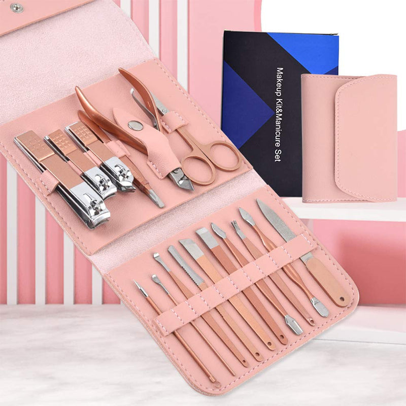 STANTO Pink Stainless Steel Manicure Set Makeup Kit for Women,16 in 1 Professional Nail Clippers Set with Soft and Premium Quality Leather Case 2020 Upgraded Version - BeesActive Australia