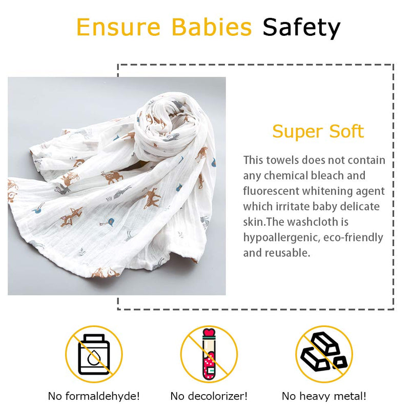 YTBUBOR 2 Pack Baby Muslin Washcloths 120cm × 120cm Cotton Muslin Cartoon Blanket Water Absorbent Face Towel Baby Shower Wipes for Newborn - BeesActive Australia