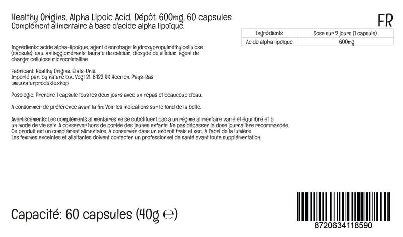 Healthy Origins Alpha-Lipoic Acid, 600mg, Depot, 60 Vegan Capsules, Laboratory Tested, Vegetarian, Gluten Free, SOYA Free, Non-GMO - BeesActive Australia