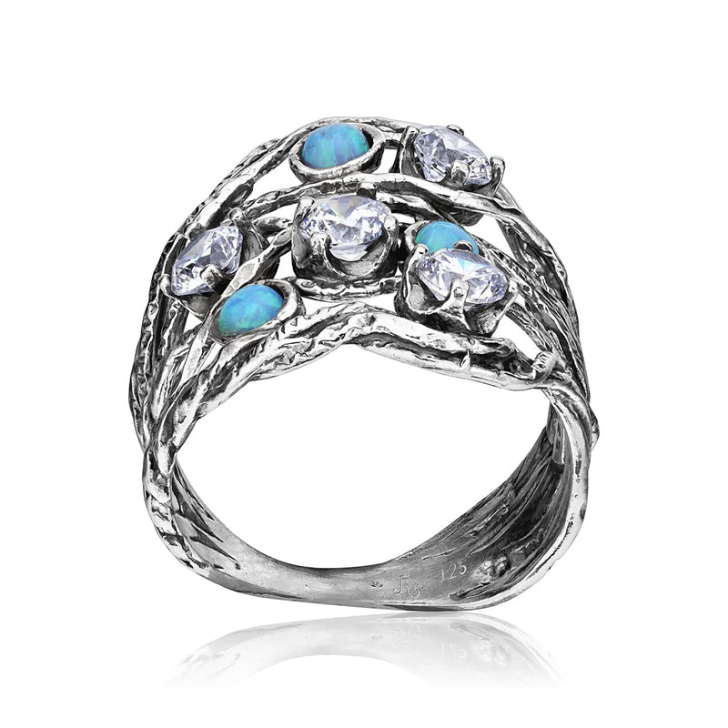 925 Sterling Silver Ring With 3 Blue Round Opal and 4 White Round Cubic Zirconia, Boho Chic Vintage Look, Hypoallergenic, Nickel and Lead-free, Artisan Handcrafted Designer collection, Made In Israel 6 - BeesActive Australia
