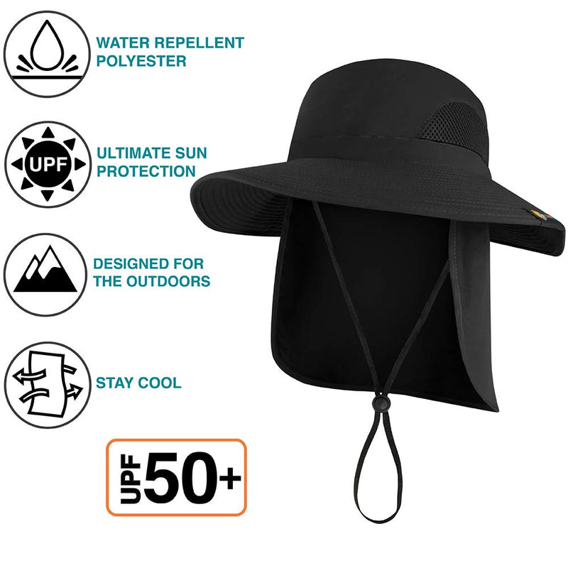 SUN CUBE Fishing Hat Boonie with Face Neck Flap Cover Wide Brim Sun Protection Black - BeesActive Australia