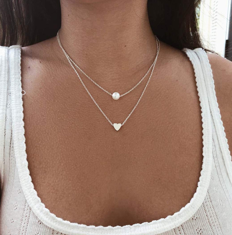 Jovono Multilayered Necklaces Heart Pearl Pendant Necklace Chain Jewelry for Women and Girls (Silver) Silver - BeesActive Australia