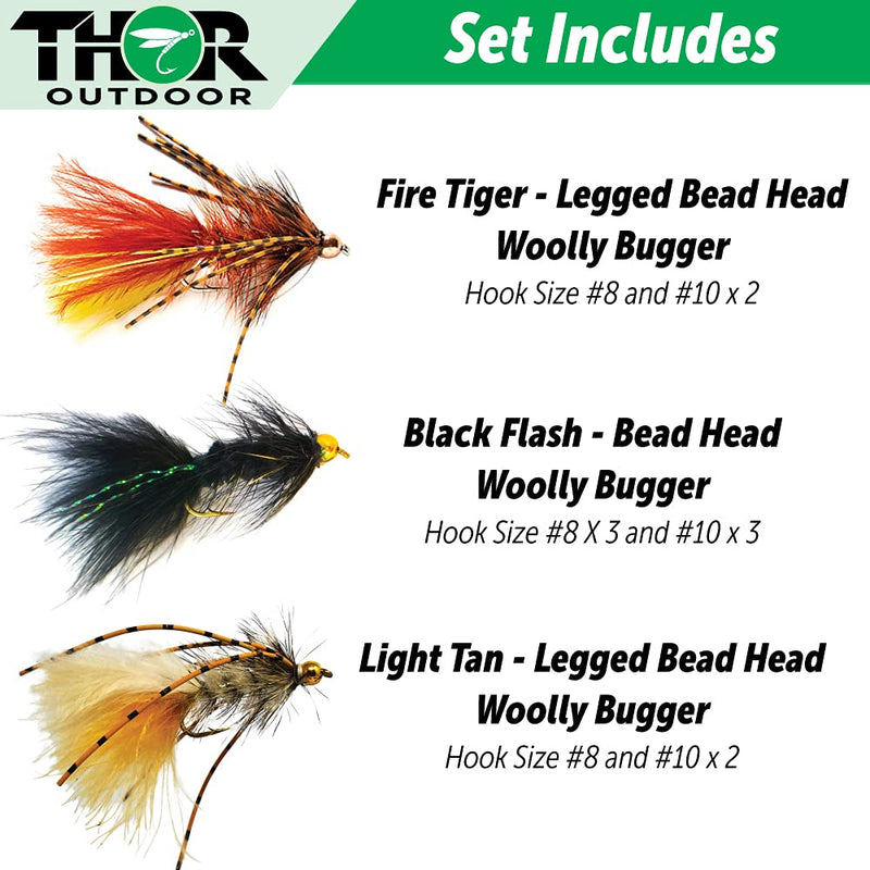 Thor Outdoor BH Woolly Bugger Streamer Fly Fishing Set – Assorted Wet Flies for Trout, Panfish, and Bass 12 Pc - Fire-L, Lt Tan, Black - Size #8 and #10 - BeesActive Australia