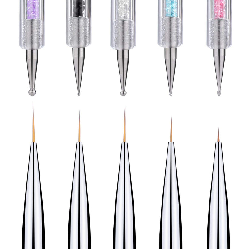 5 Pieces Nail Art Liner Brushes, Dual-ended Painting Nail Design Brush Pen Include Liner Brushes and Dotting Pen 5,7,9,11,13 mm Color A - BeesActive Australia