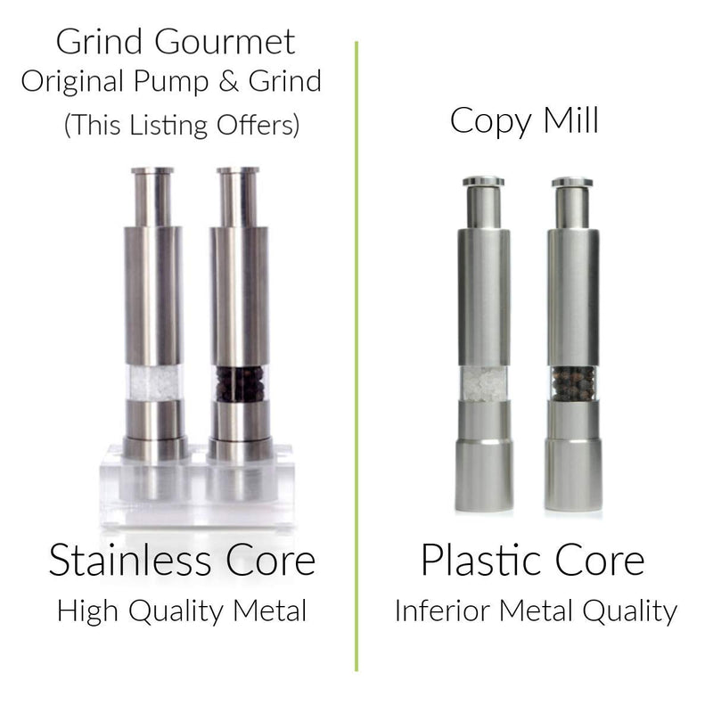 Grind Gourmet Salt and Pepper Grinder Set, Original Pump & Grind Peppermill are Refillable, Modern Thumb Press Grinder, Comes with Black Pepper, Sea Salt and Stand, Works With Himalayan Salts 316 Stainless Steel - BeesActive Australia