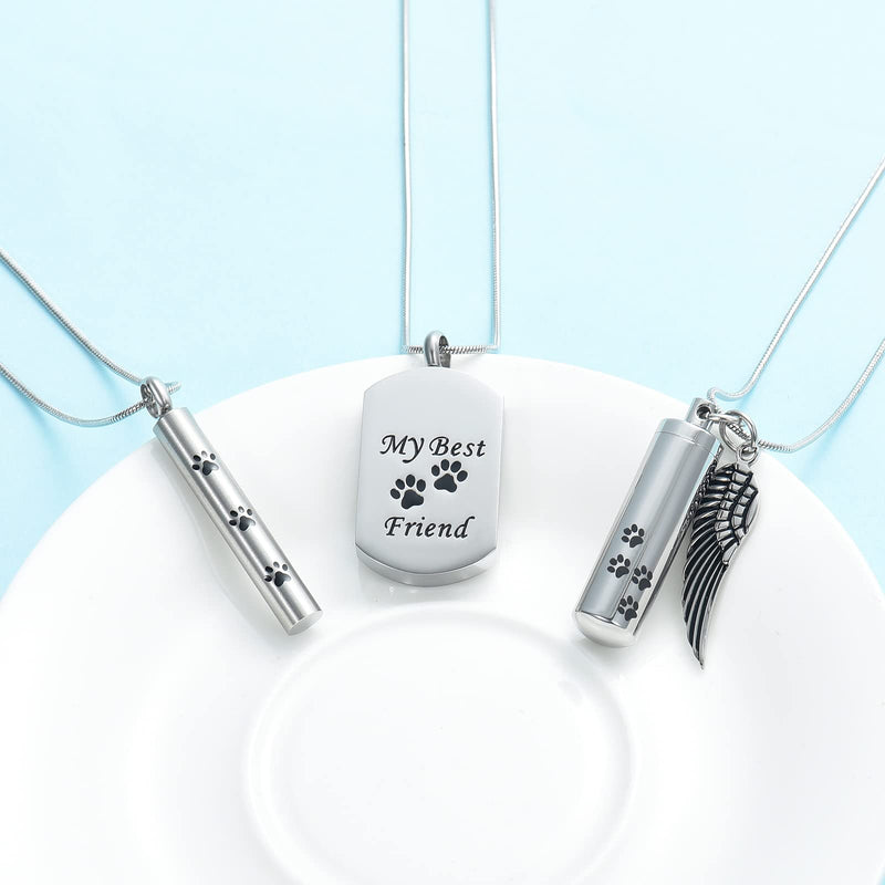 AIWENXI 3 Pieces Paw Print Urn Necklace for Ashes for Women Men Cylinder Pet Cremation Jewelry Dog Cat Memorial Ashes Pendant Silver - BeesActive Australia