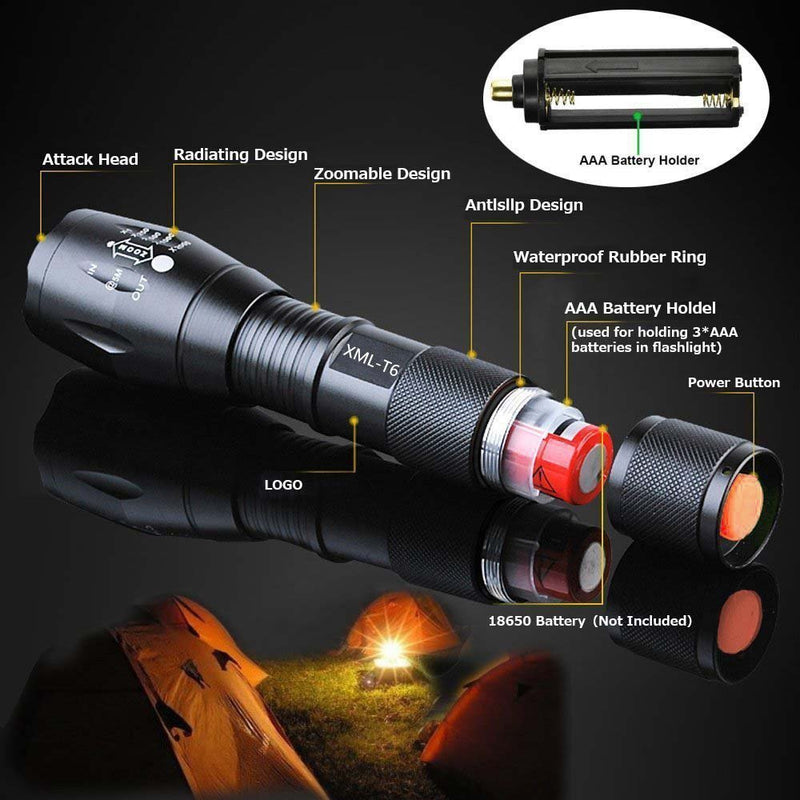2 Pack Tactical Flashlight Torch, Military Grade 5 Modes XML T6 3000 Lumens Tactical Led Waterproof Handheld Flashlight for Camping Biking Hiking Outdoor Home Emergency - BeesActive Australia