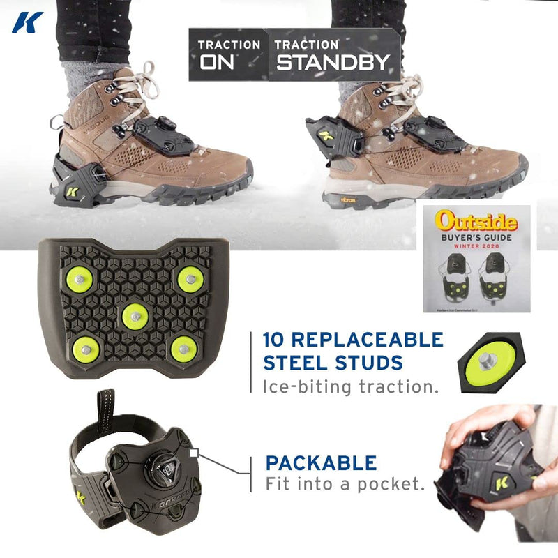 Korkers Ice Commuter Ice Cleats - Minimal and Lightweight - 11 Replaceable Steel Spikes - Black/Green Large-X-Large - BeesActive Australia