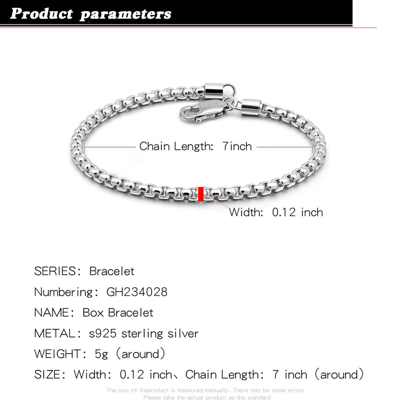 H&Beautimer Solid 925 Sterling Silver - Classic Men's 3MM Box Chain Bracelet - Original Silver Party Jewelry Bracelet 6.3-6.7-7-7.5-8-8.5-9'' - Handmade in Italy 7.5 Inches - BeesActive Australia