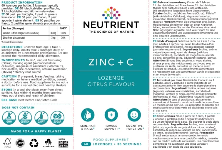 Neutrient Zinc Supplements - Bioactive Zinc Acetate with Added Vitamin C - Easy to Use Citrus Flavoured Lozenge - BeesActive Australia