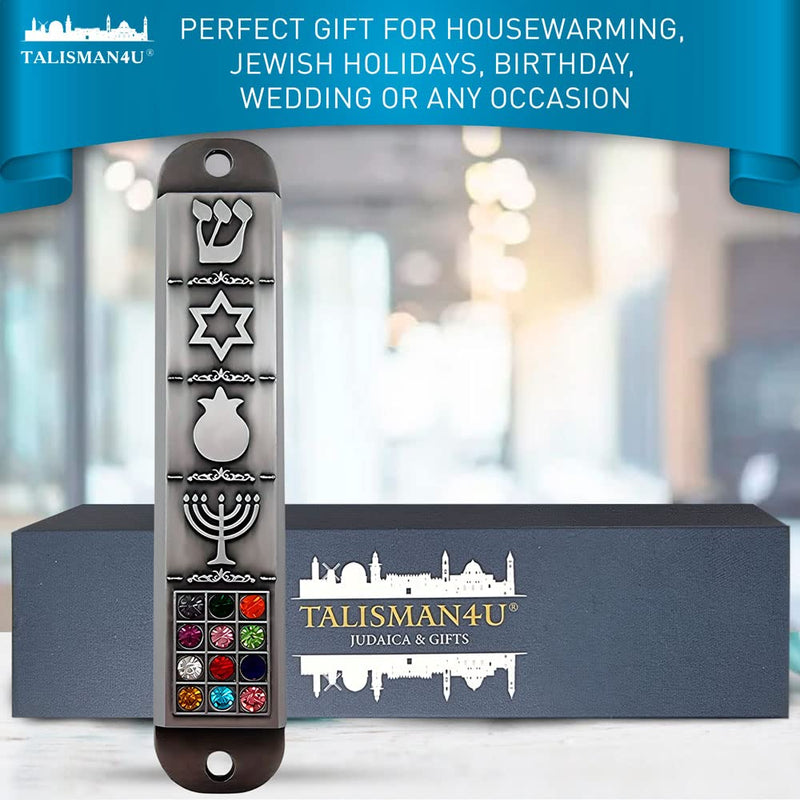 Pewter Mezuzah Case with Scroll for Door 3D Jewish Star of David Jerusalem Menorah 12 Tribes of Israel Mezuza Judaica Gift 10 cm / 4 inch - BeesActive Australia