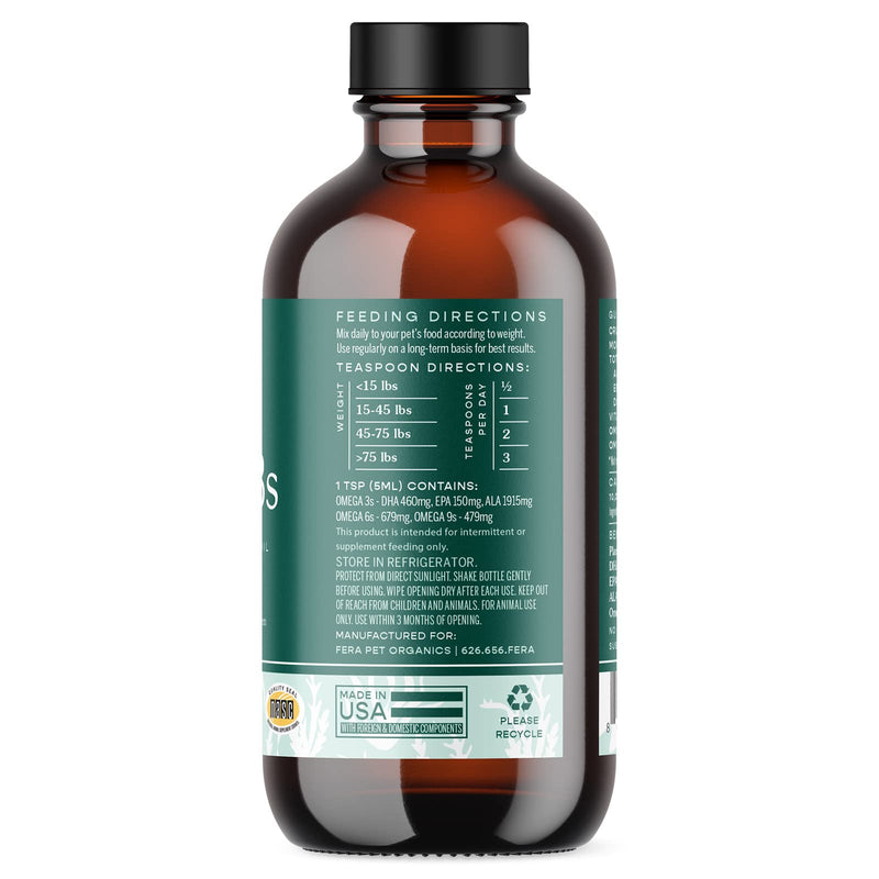 Fera Pets - Plant Based Omega 3s, 6, 9 - for Dogs and Cats - Made with Marine Algae + Flaxseed Oil - 100% Vegan DHA and EPA Supplement - for Healthy Skin, Coat, and Immune System - 8oz - BeesActive Australia