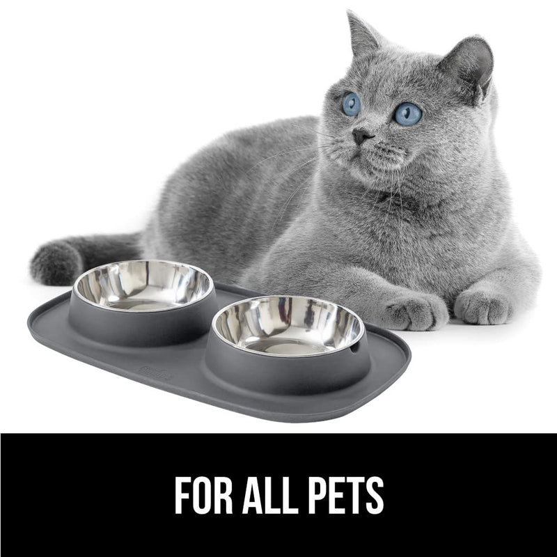 Gorilla Grip Slip Resistant Pet Bowls and Silicone Feeding Mat Set, Catch Water and Food Mess, Raised Edges for No Spills, Stainless Steel Cat and Dog Dish Bowl, Patent Pending Design 2 Cup Gray - BeesActive Australia