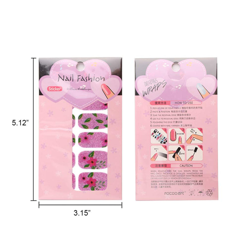 WOKOTO 6 Sheets Full Wraps Nail Polish Stickers With 1Pcs Nail File Self-Adhesive Nails Decals Strips Flower Manicure Kit For Women - BeesActive Australia