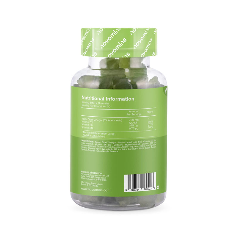 Apple Cider Vinegar Gummies – High Strength Vegan Apple Cider Vinegar Gummies with the Mother - Natural ACV Enhanced with Vitamin B12 B6 and D - Made by Novomins - BeesActive Australia