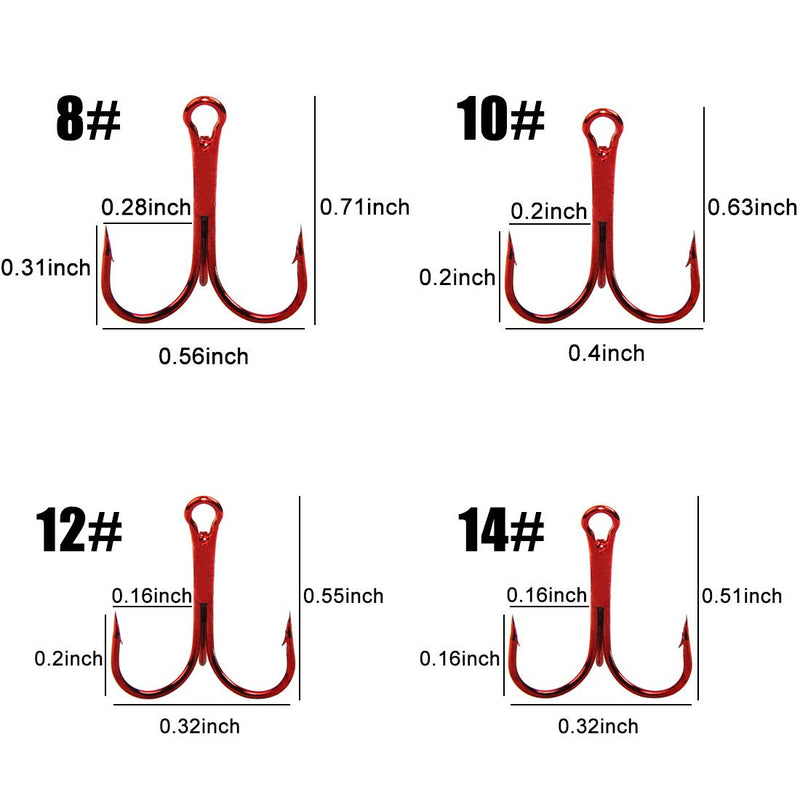 Fishing Red Treble Hooks High Carbon Steel Treble Fish Hooks Super Sharp Round Bend Barbed Triple Hook Replacement for Bass Trout Saltwater Freshwater Size 2 4 6 8 10 12 14 1/0 100pcs-12# - BeesActive Australia