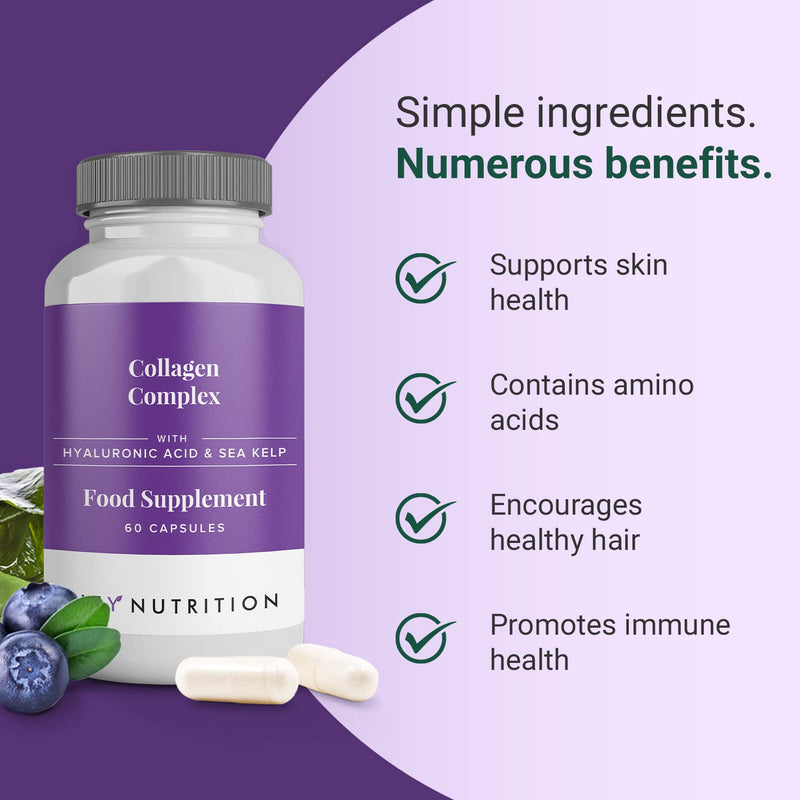 Hey Nutrition Collagen Complex Hyaluronic Acid & Sea Kelp Vitamin E, C, Biotin - Healthy Nails, Skin, Hair Joints Metabolism - Type 1 Marine Supplement - Non GMO, 60 Capsules 60 Count (Pack of 1) - BeesActive Australia