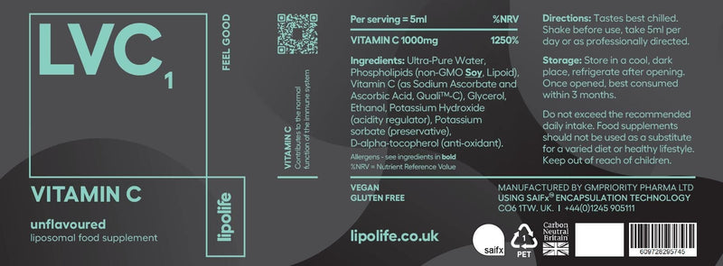 lipolife liposomal high Strength Vitamin C - 48 Servings 1000mg unflavoured. LVC1 Made in UK to GMP Standards. Vegan Gluten-Free (lipolife Gold) - BeesActive Australia