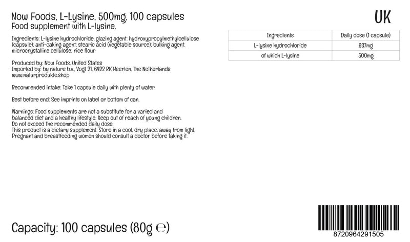 Now Foods, L-Lysine, 500mg, 100 Vegan Capsules, Amino Acid, Lab-Tested, Gluten-Free, Soy-Free, GMO-Free - BeesActive Australia