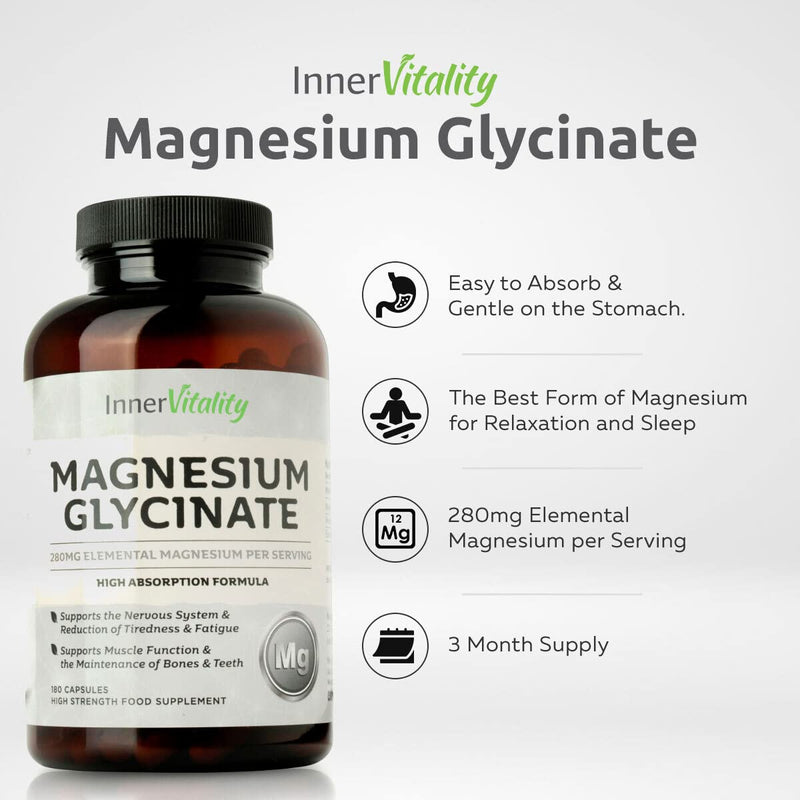 Magnesium Glycinate 180 Capsules (3 Month Supply) 280mg Elemental Magnesium - High Strength Easy to Absorb Magnesium Supplement with No Additives by Inner Vitality 180 Count (Pack of 1) - BeesActive Australia