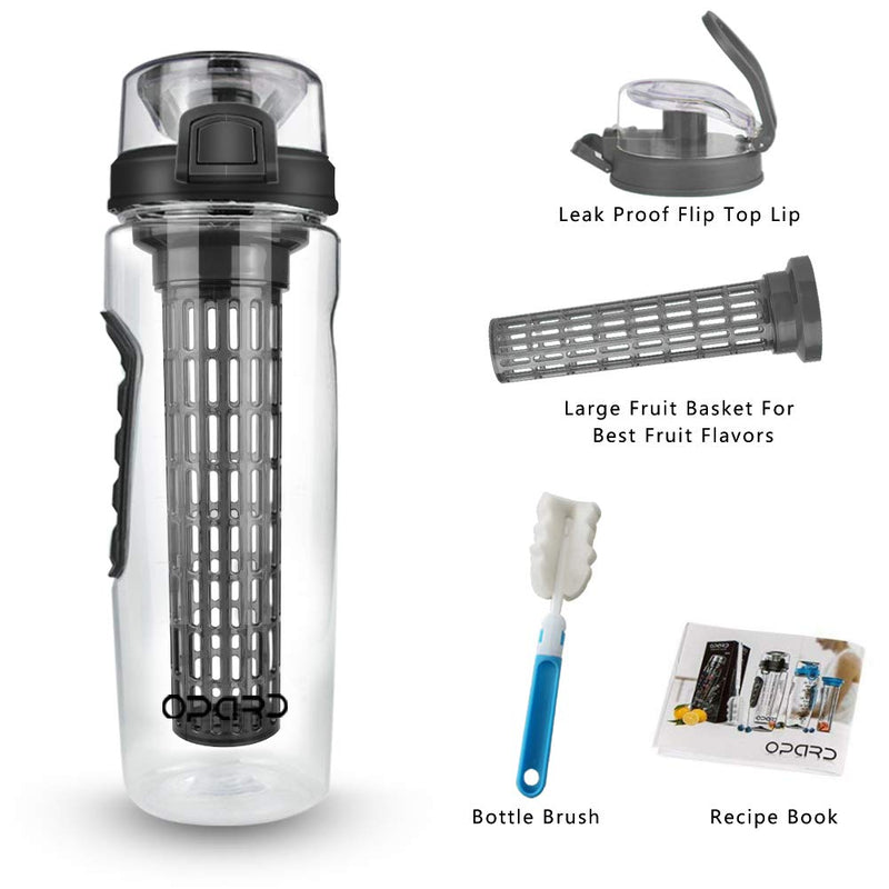 Opard Fruit Infuser Water Bottle with Time Marker, 30 oz BPA Free Infusion Daily Water Bottles Track Water Intake with Leak Proof Flip Top Lid, Infusion Rod, Cleaning Brush and Recipe Black - BeesActive Australia