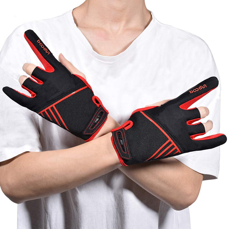 [AUSTRALIA] - Professional Anti-Skid Bowling Gloves Comfortable Bowling Accessories Semi-Finger Instruments Sports Gloves Mittens for Bowling Black Red Large 