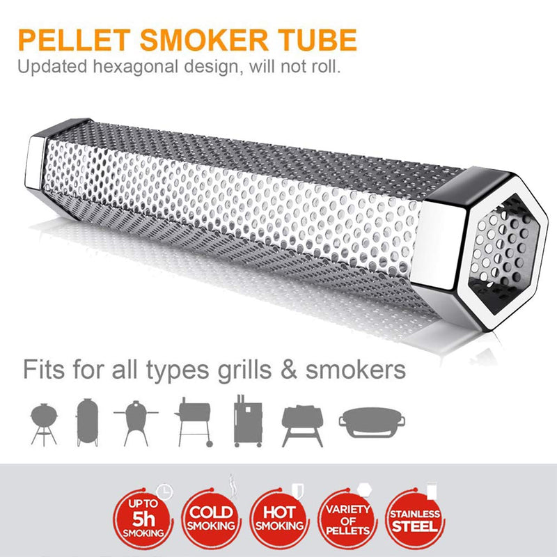 [AUSTRALIA] - Pellet Smoker Tube -12" Stainless Steel Wood Tube Smoke for Cold/Hot Smoking for All Electric, Gas, Charcoal Grills or Smokers - Ideal for Smoking Cheese, Fish, Pork, Beef, Nuts, Bonus Brush, H Sliver 