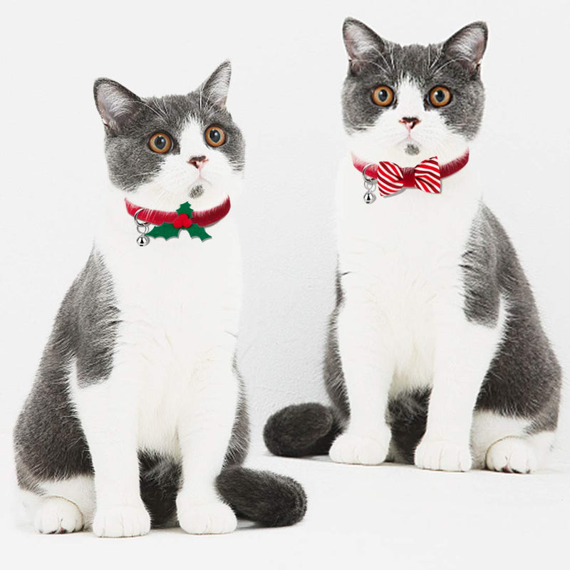 azuza 2 Pack Plaid Pattern Cat Collar Breakaway with Bell and Removable Bowtie Cat Collar Adjustable Cat and Kitten Collars Cat(Neck:8"-12") Holly and Bowtie - BeesActive Australia
