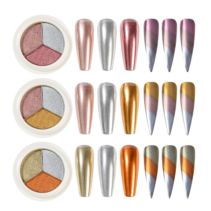 MEILINDS Nail Art 3 in 1 Holographic Laser Solid Mirror Effect Powder Chrome Nail Manicure Pigment 3 jars with Eyeshadow Sticks 3 bottle/set 001 - BeesActive Australia