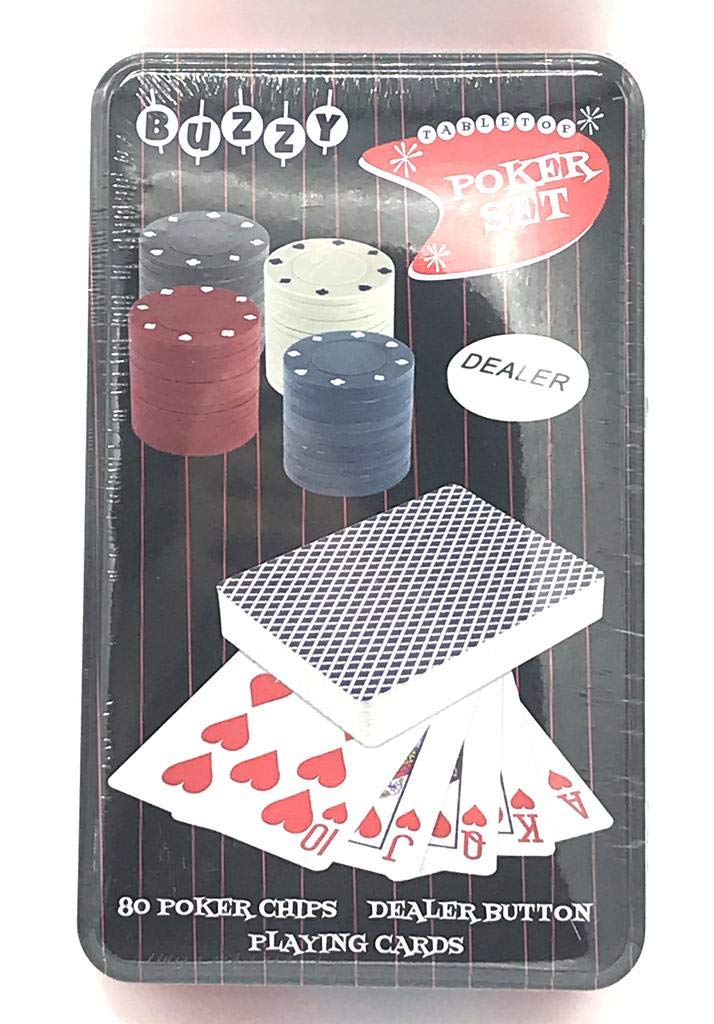 Buzzy Table Top Poker Set - 80 Poker Chips, Dealer Button, Playing Cards - BeesActive Australia