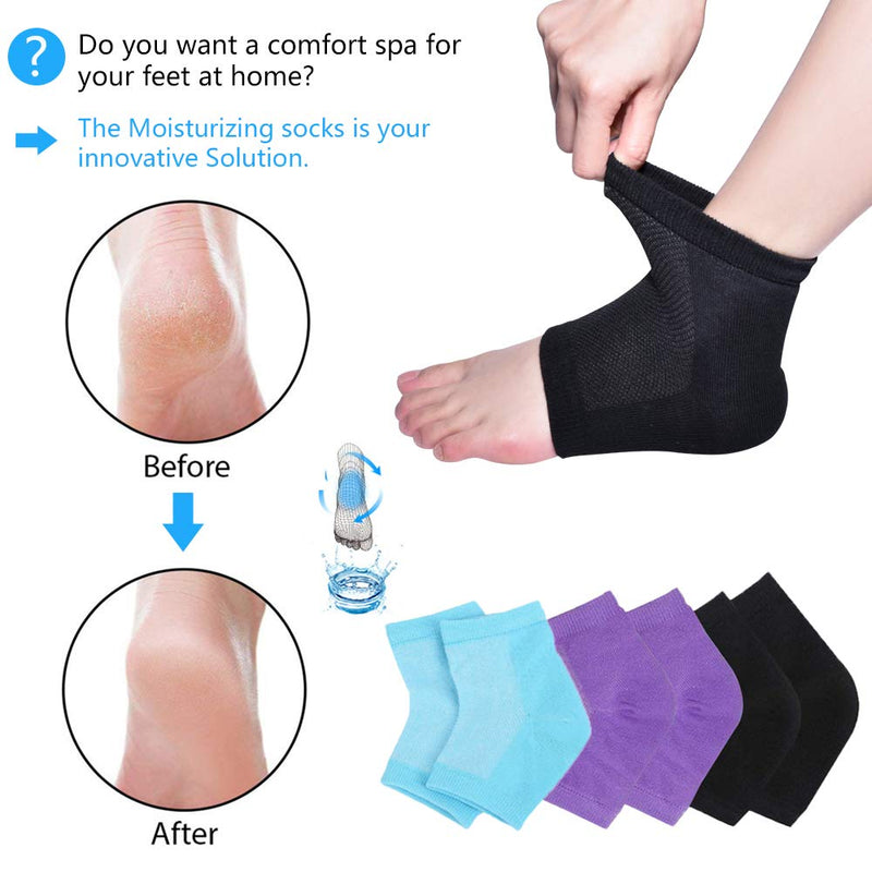 Moisturizing Socks, 3 Pairs-Moisturizing/Gel Heel Socks for Dry Cracked Heels, Open Toe Socks, Ventilate Gel Spa Socks to Heal and Treat Dry, Gel Lining Infused with Vitamins (Blue, Purple, Black) Blue, Purple, Black - BeesActive Australia