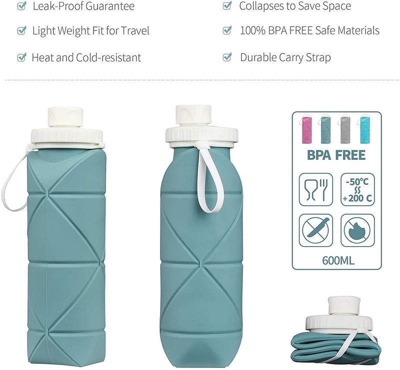 SPECIAL MADE Collapsible Water Bottles Leakproof Valve Reusable BPA Free Silicone Foldable Travel Water Bottle for Gym Camping Hiking Travel Sports Lightweight Durable 20oz Dark Green - BeesActive Australia