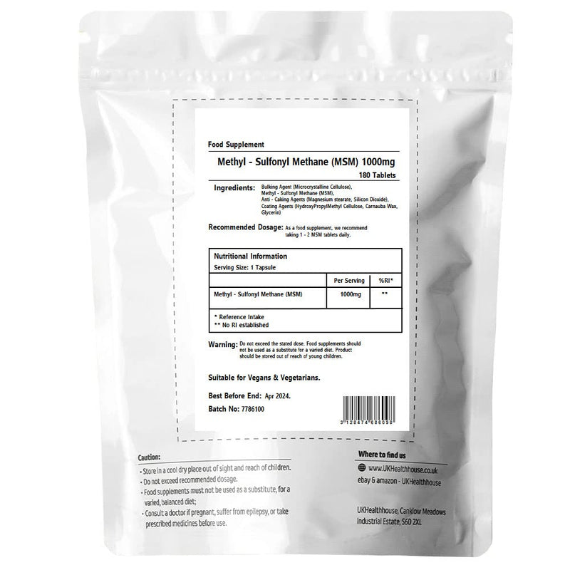 UkHealthHouse MSM 1000mg - Methylsulfonylmethane Sulphur - Healthy Joints & Bones x 180 Tablets - BeesActive Australia