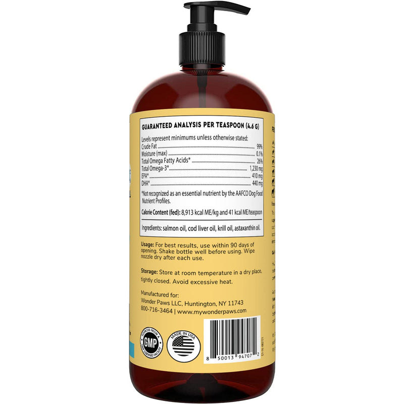 Wonder Paws Fish Oil For Dogs - Omega 3 For Dogs From Alaskan Salmon, Cod & Krill Oil - EPA DHA Fatty Acids - Less Shedding & Itching - Skin, Joint, Immune & Heart Health - 16 oz Pet Liquid Supplement - BeesActive Australia