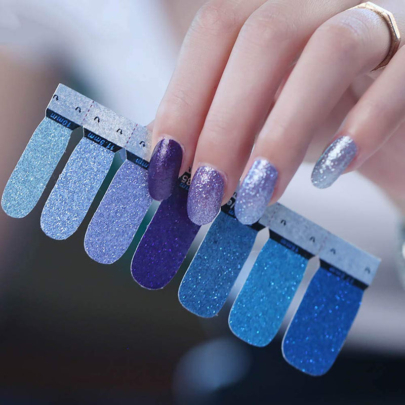 WOKOTO 7 Sheets Adhesive Nail Art Polish Stickers Tips Glitter Gradient Design Nail Wraps Decals Strips Set Manicure Decoration With 1Pc Nail File - BeesActive Australia