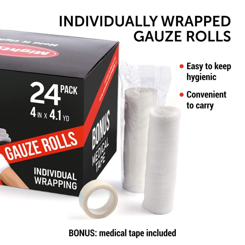 Premium Gauze Bandage Roll - 24 Pk - 10cm x 3.7m Conforming Bandage - Soft Gauze Roll + Bonus Medical Tape - BeesActive Australia