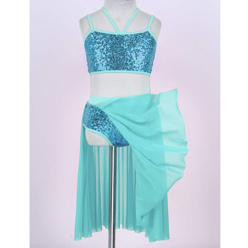 [AUSTRALIA] - winying Girls 2PCS Latin Lyrical Dance Outfit Shiny Sequins Crop Top with Side Split Tulle Skirt Set Lake Blue 10 / 12 