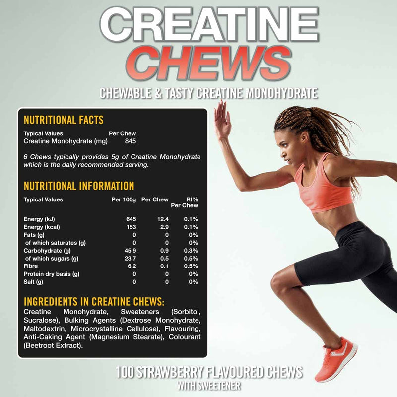 VOW Nutrition Creatine Chews,100 Strawberry Flavoured Chews, Creatine Monohydrate, Convenient & Tasty Chewable Creatine Informed Sports Approved (Strawberry) - BeesActive Australia