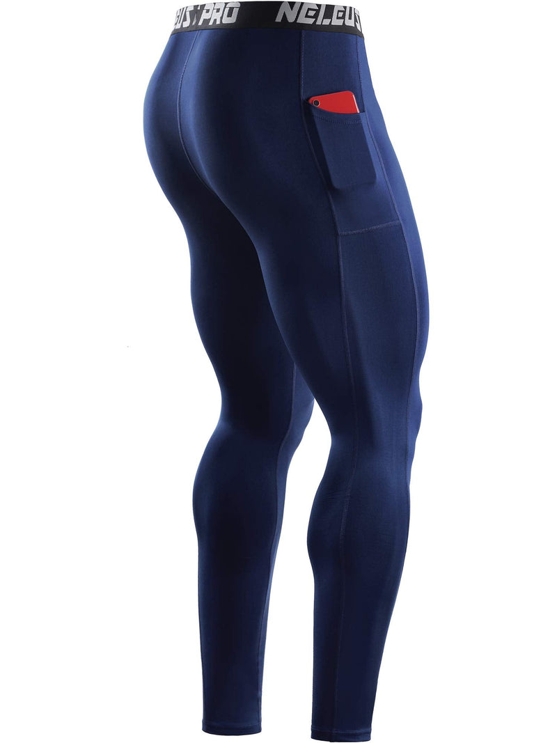 Neleus Men's Dry Fit Compression Baselayer Pants Running Tights Leggings with Phone Pocket Medium 6069 Blue/Navy,2 Pack - BeesActive Australia
