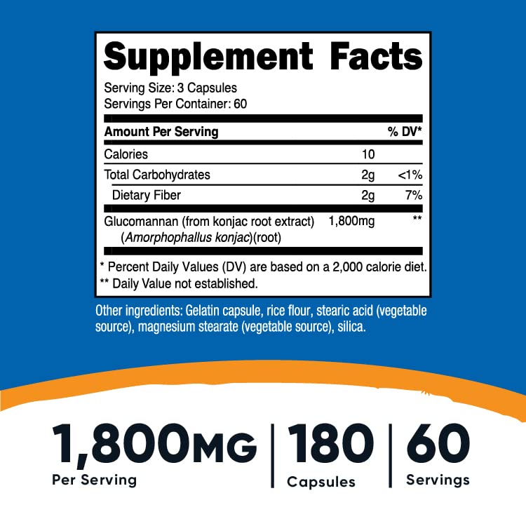 Nutricost Glucomannan 1,800mg Per Serving, 180 Capsules - Natural Fiber Source, Non-GMO, Gluten Free 180 Count (Pack of 1) - BeesActive Australia