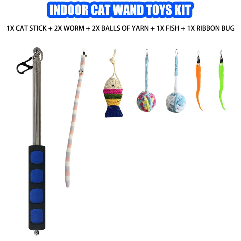 Retractable Cat Toys Wand, 7 Pack Super Long 55.1" Retractable Cat Wand Toy Ball of yarn Rainbow Cat String Toy with Feather Teasers, Interactive Cat Toys for Indoors,Funny Exercise for Kitten or Cats - BeesActive Australia